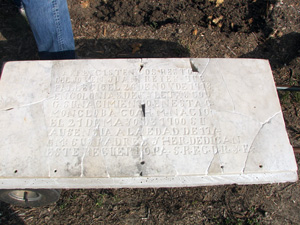 The handcrafted marble tombstone, almost lost to time and disintegration, was professionally reconstructed by stone conservator Don Hudson and returned to its site at Coronado Cemetery in the fall of 2008.